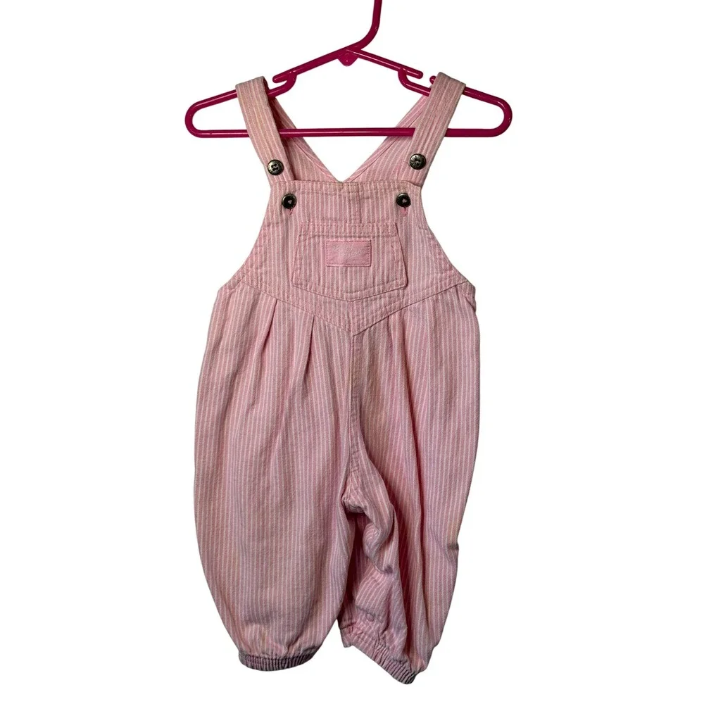 VTG OshKosh B'gosh Overalls Pink Hickory Stripe Cotton Romper 3/6M‎ Baby Girls